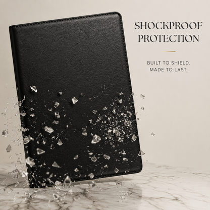 A closed black tablet folio stands upright amid illustrated flying fragments. The accompanying text advertises shock protection.