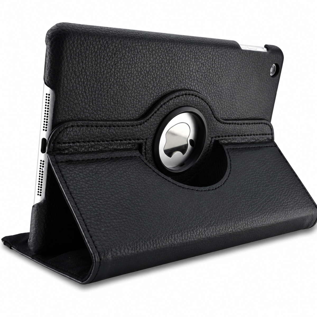 A tablet rests horizontally in a black pebbled leather-look folio case folded into a triangular stand. A circular opening in the stitched rotating back exposes the Apple logo.