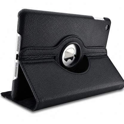A tablet rests horizontally in a black pebbled leather-look folio case folded into a triangular stand. A circular opening in the stitched rotating back exposes the Apple logo.
