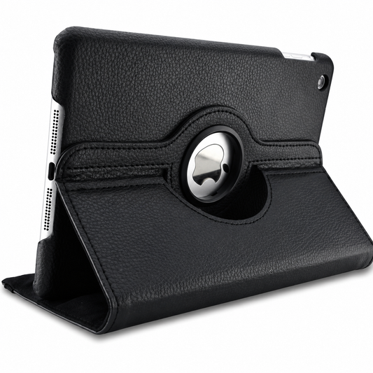 A tablet rests horizontally in a black pebbled leather-look folio case folded into a triangular stand. A circular opening in the stitched rotating back exposes the Apple logo.