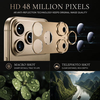 An exploded camera-protector diagram shows a gold-colored plate, raised rings and circular glass pieces. Macro leaves and a distant river landscape illustrate advertised image clarity.
