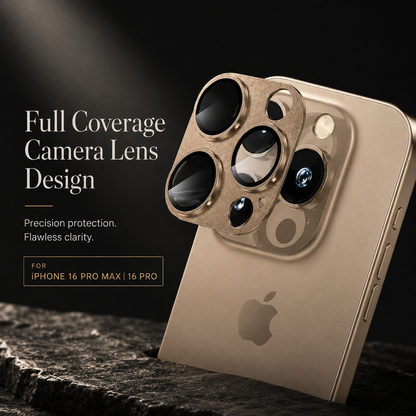 A gold-colored camera protector floats above a tan phone's lenses. Text describes full coverage for the iPhone 16 Pro and 16 Pro Max.