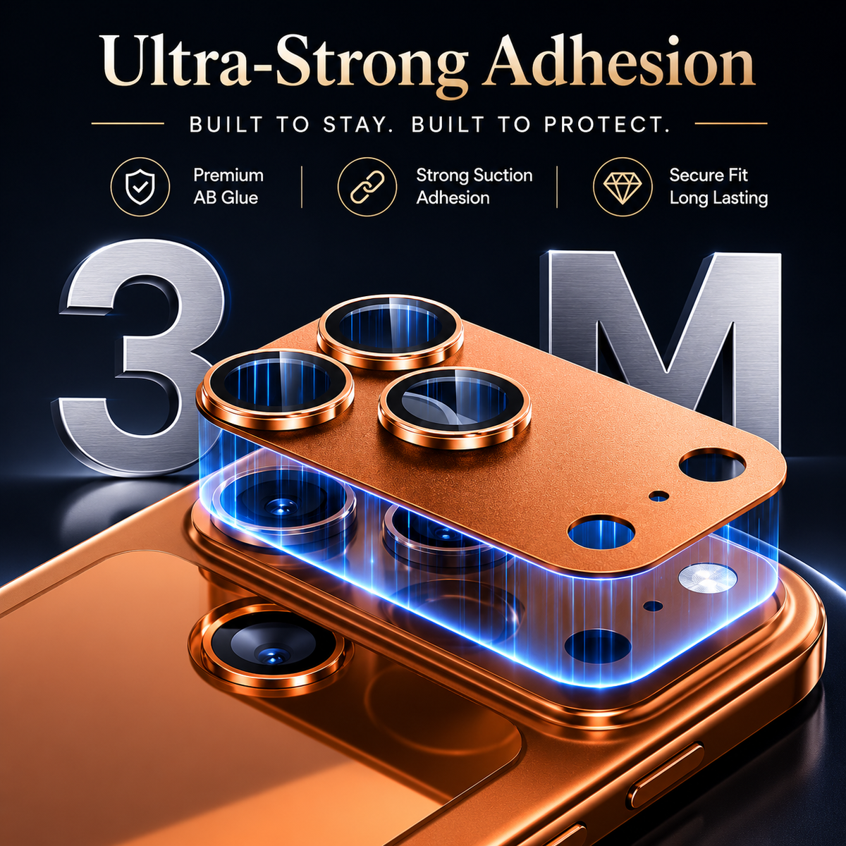 An orange camera protector floats over matching lenses with a glowing blue attachment graphic and large 3 M lettering. Text advertises strong adhesion and long-lasting fit.