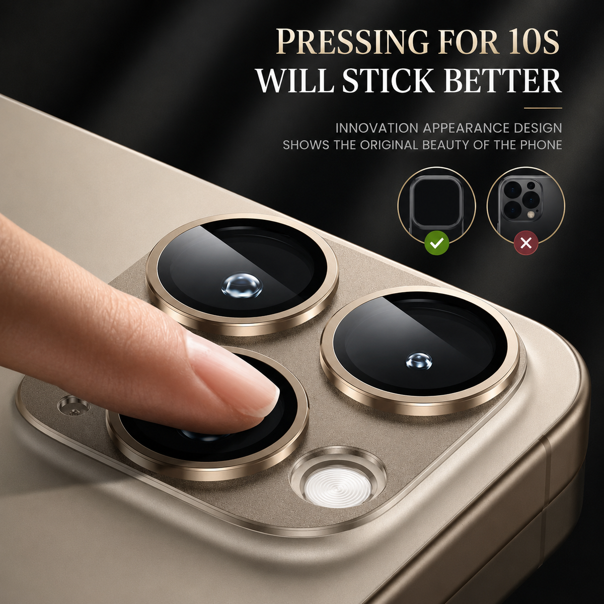 A fingertip presses a protector's lens ring on a tan phone. Text instructs pressing for ten seconds for better adhesion.