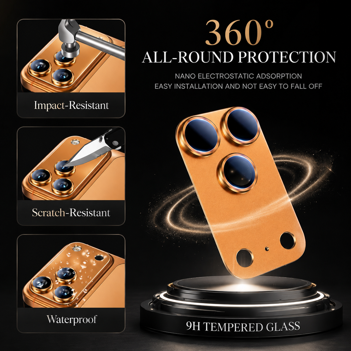 An orange protector floats above a circular pedestal beside small hammer, blade and water-droplet illustrations. Text advertises all-round protection and 9H tempered glass.