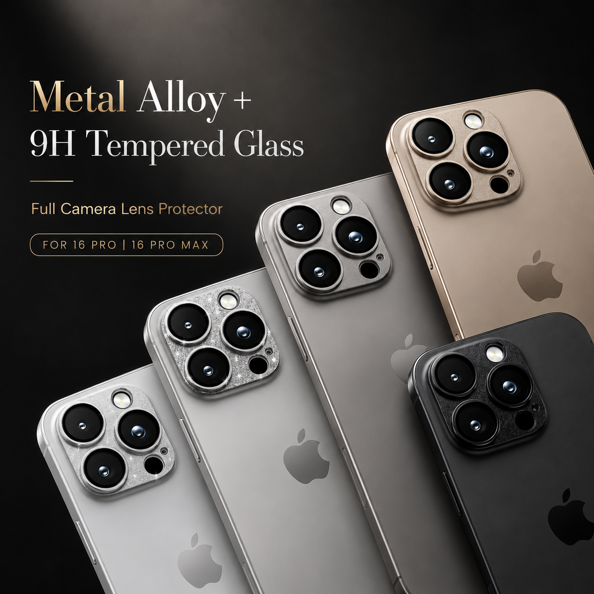 Five silver-colored, gray, tan and black phones fan across a dark background with camera protectors fitted. Text advertises metal alloy and 9H tempered glass.