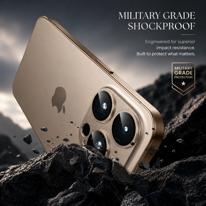 A tan phone is illustrated striking dark rocks with fragments flying around its camera area. Text claims military-grade shock protection.