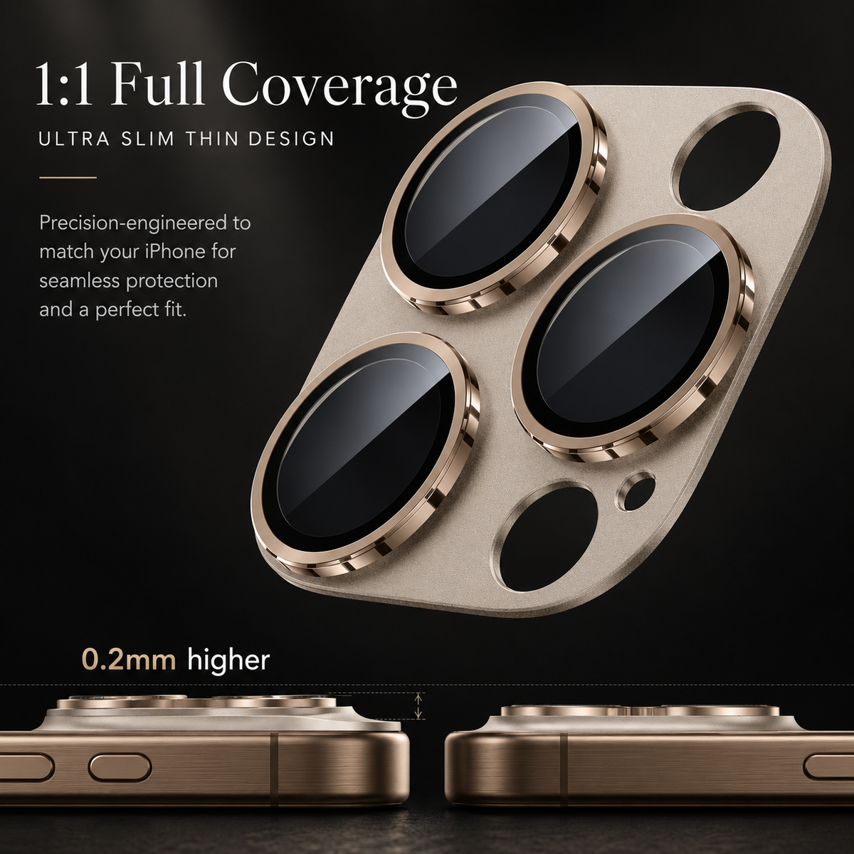 A gold-colored protector floats above two side profiles of a phone's camera bump. Text advertises full coverage and a protector height of 0.2 millimeters.