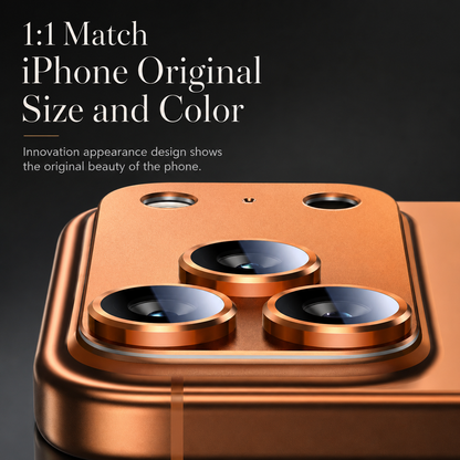 A close-up shows an orange protector fitted around three lenses on an orange phone. Text advertises matching the original phone's size and color.