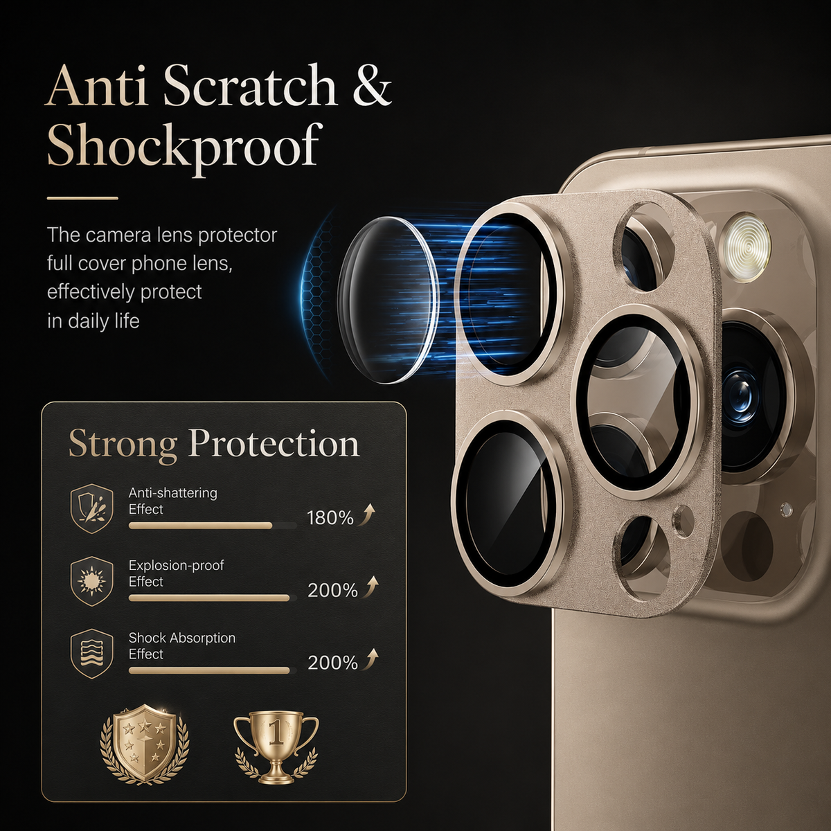 A gold-colored camera protector is shown in an exploded view with a blue circular protection graphic. A chart advertises scratch, shatter and shock resistance.
