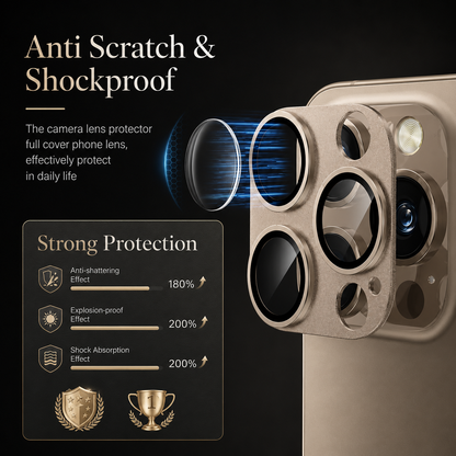 A gold-colored camera protector is shown in an exploded view with a blue circular protection graphic. A chart advertises scratch, shatter and shock resistance.