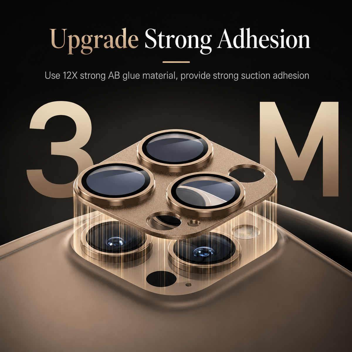 A gold-colored protector floats above matching phone lenses with vertical attachment lines and large 3 M lettering. Text advertises upgraded glue and stronger adhesion.