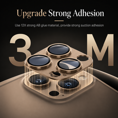 A gold-colored protector floats above matching phone lenses with vertical attachment lines and large 3 M lettering. Text advertises upgraded glue and stronger adhesion.