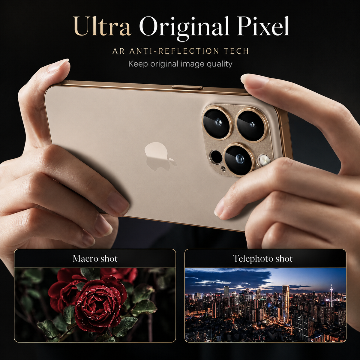 Hands hold a tan phone horizontally beneath text advertising retained image quality. Two sample photos below show a red rose and a city skyline.