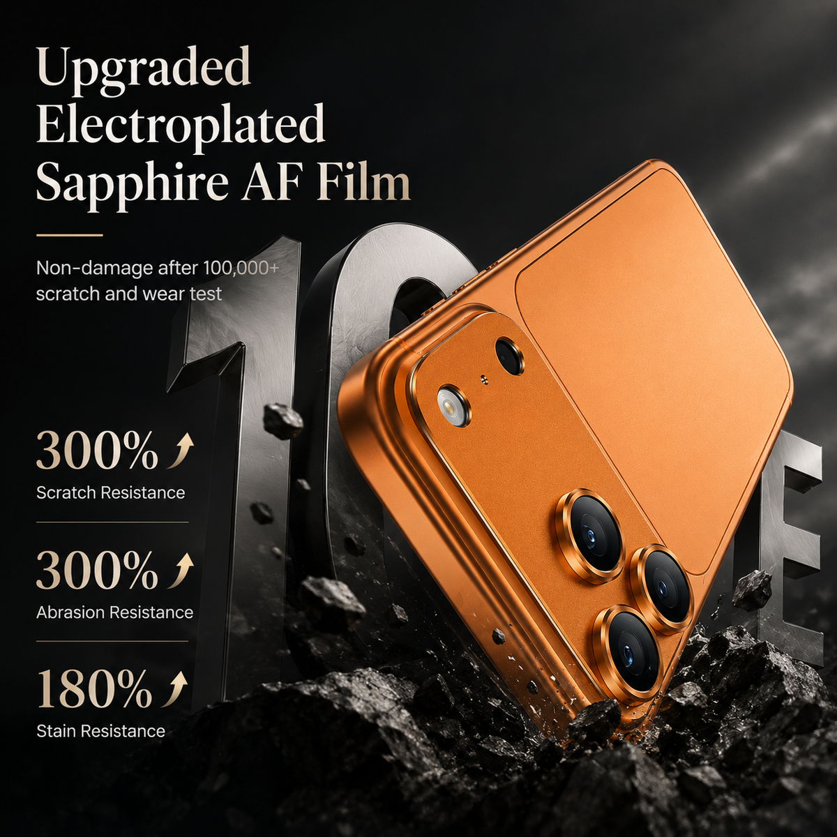 An orange phone is illustrated against broken dark rocks and large metallic-looking letters. Text advertises electroplated sapphire AF film and increased scratch, abrasion and stain resistance.