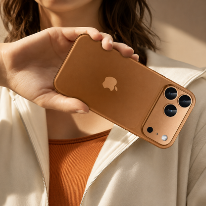 A person in a white jacket holds an orange phone horizontally with its triple-camera cluster and matching protective plate facing outward.