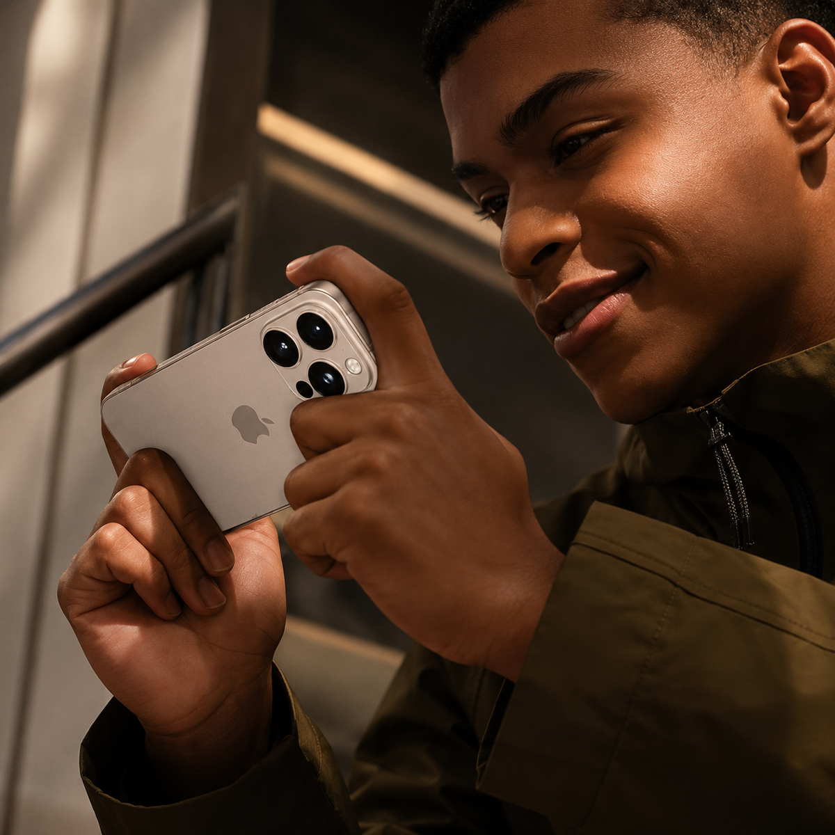 A smiling person holds a silver-colored phone horizontally while looking at its screen. The fitted rear camera protector faces the viewer.