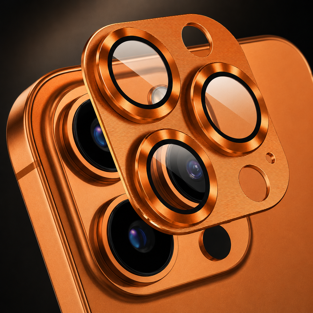 An orange camera protector with three black-edged transparent lens rings floats close above a matching orange phone's camera cluster.