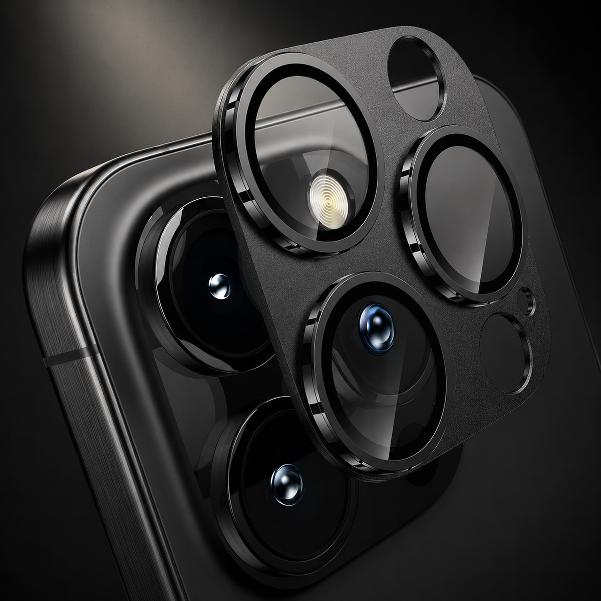 A black camera protector with three black-edged transparent lens rings floats close above a matching black phone's camera cluster.