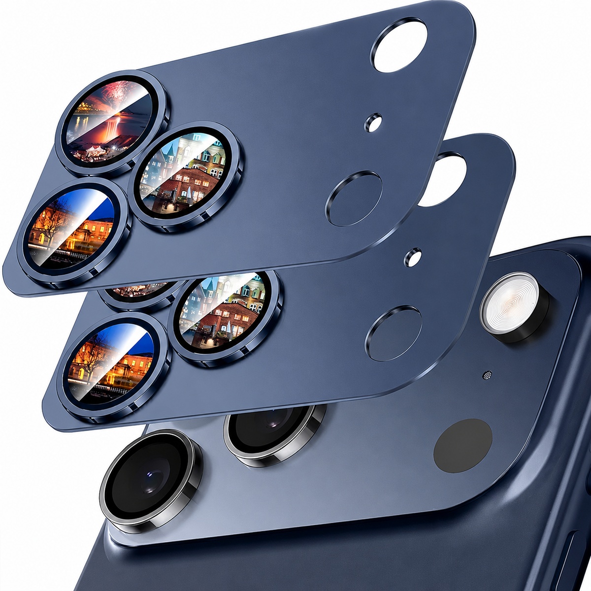 Two blue rectangular camera protector plates float above a matching phone's camera cluster. Three raised lens rings show colorful reflected scenes, with smaller openings for flash and sensors.