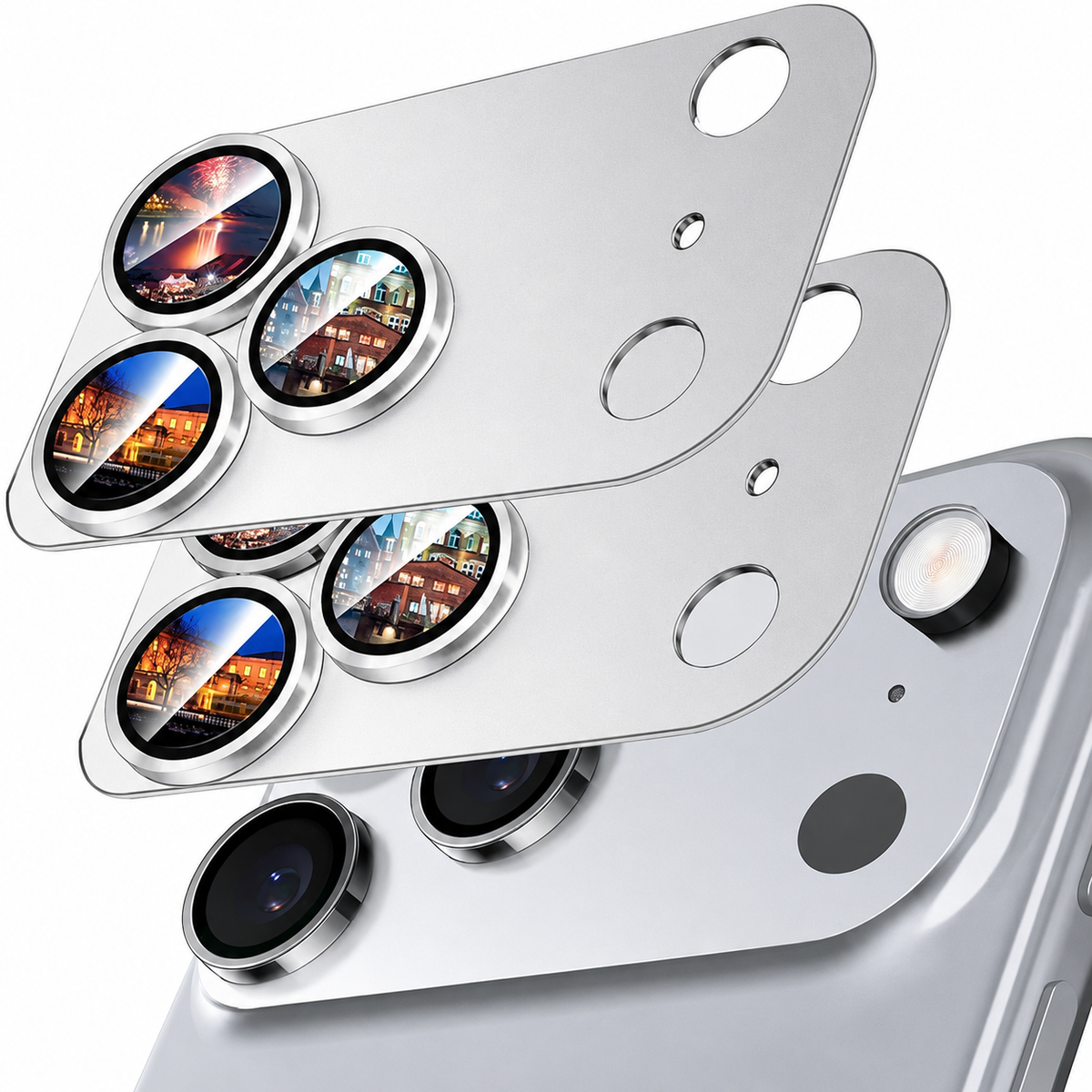 Two silver-colored rectangular camera protector plates float above a matching phone's camera cluster. Three raised lens rings show colorful reflected scenes, with smaller openings for flash and sensors.