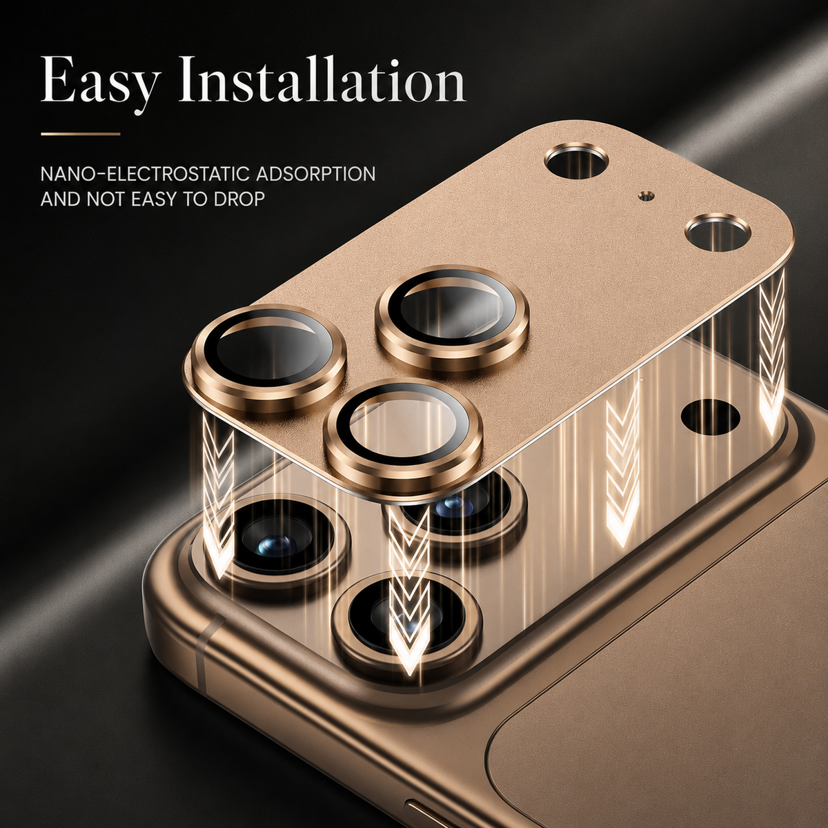 A gold-colored camera protector floats above matching phone lenses with downward alignment arrows. Text describes easy installation and electrostatic attachment.