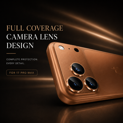 An orange phone lies diagonally with a matching plate covering its camera area. Text advertises full-coverage camera protection for the 17 Pro Max.