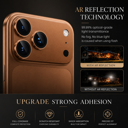 A tan phone's protected camera cluster appears beside two nighttime building photos comparing reflection. Text advertises AR technology, light transmission, adhesion and protection.