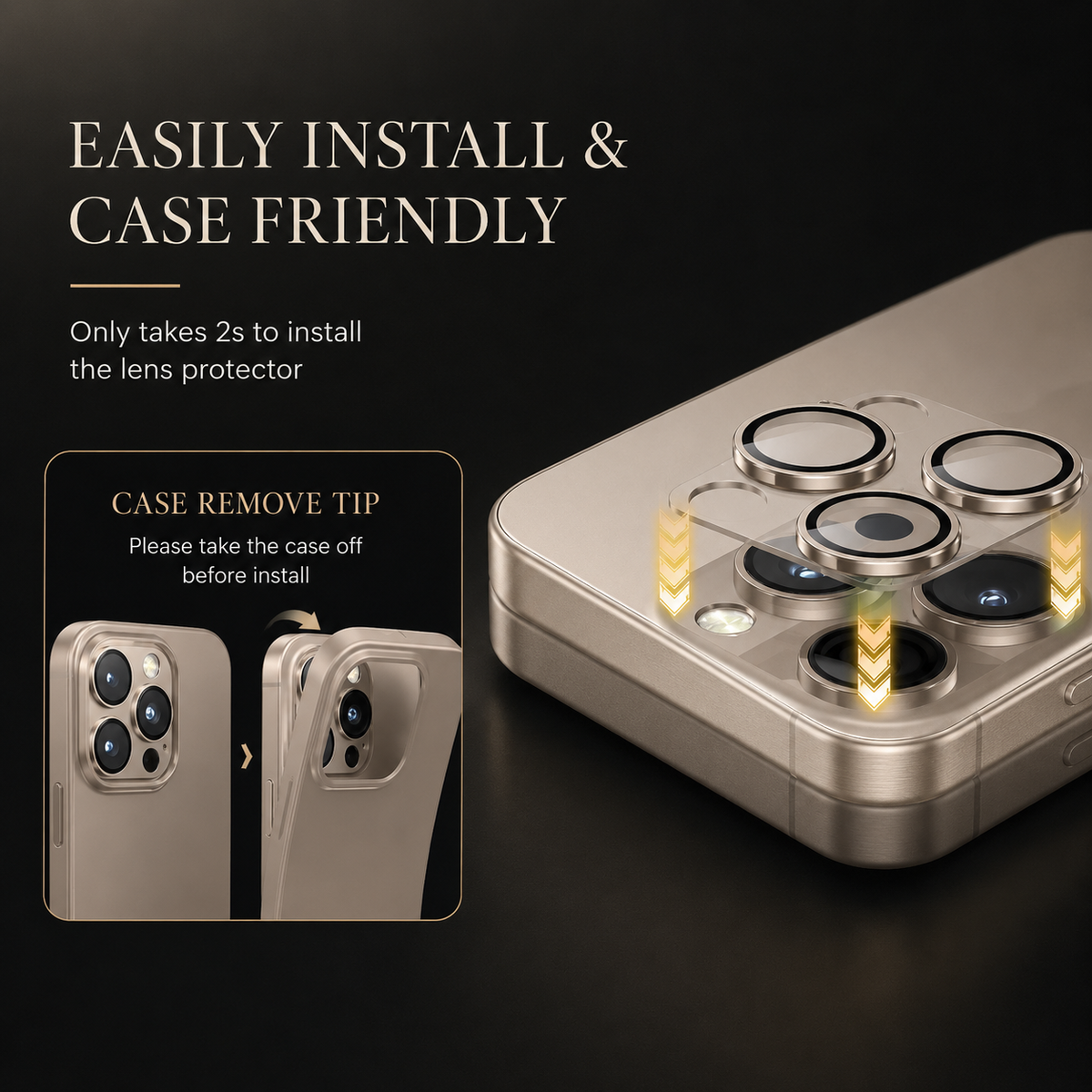 A silver-colored camera protector floats above matching lenses with yellow alignment arrows. An inset advises removing the phone case before installation.
