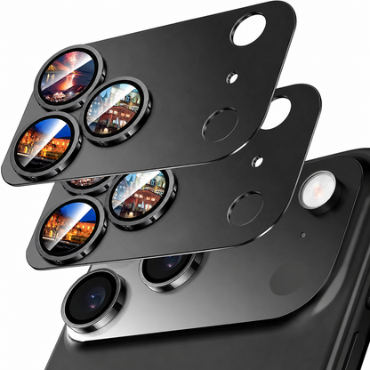 Two black rectangular camera protector plates float above a matching phone's camera cluster. Three raised lens rings show colorful reflected scenes, with smaller openings for flash and sensors.