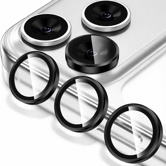 Close-up of a silver phone's three rear cameras with silver and dark lens rings. Three separate clear circular protectors with black frames sit in front.