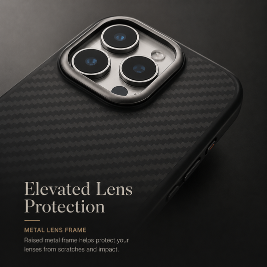 A close view shows three camera lenses in a raised silver surround on a black woven-patterned case beneath Elevated Lens Protection.