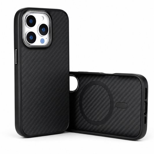 A black woven-patterned case stands upright beside an empty matching shell lying horizontally. The shell interior shows a circular magnetic marking.