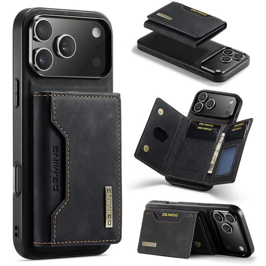 Black leather-look phone case with a stitched rear wallet, shown closed, detached above the phone, unfolded with card and cash slots, and folded into a horizontal stand. DG.MING branding appears on the wallet.