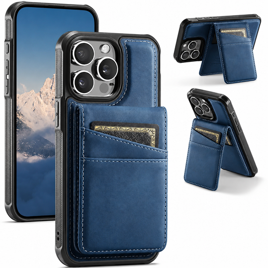A blue phone case with a stitched folding card wallet appears from front, rear and stand views on white. Cards sit in the rear pocket, which folds into horizontal and vertical supports.