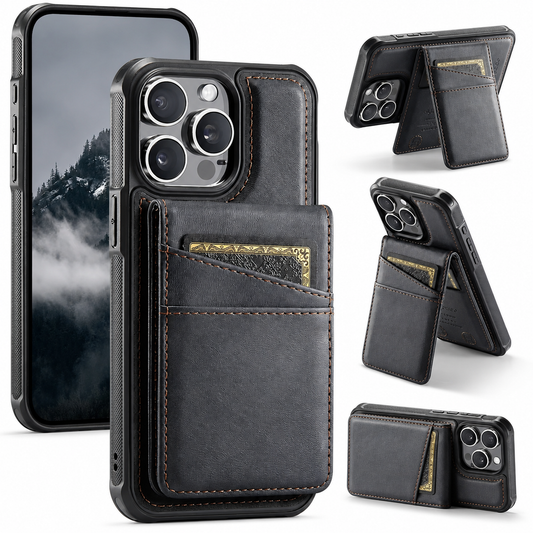 A black phone case with a stitched folding card wallet appears from front, rear and stand views on white. Cards sit in the rear pocket, which folds into horizontal and vertical supports.