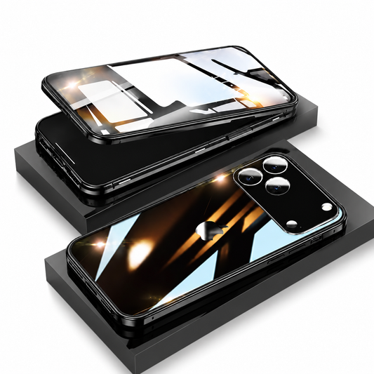 Glossy black case components and fitted phones rest on stepped black platforms. Front and rear surfaces reflect a bright window grid, with a raised camera panel on the rear view.
