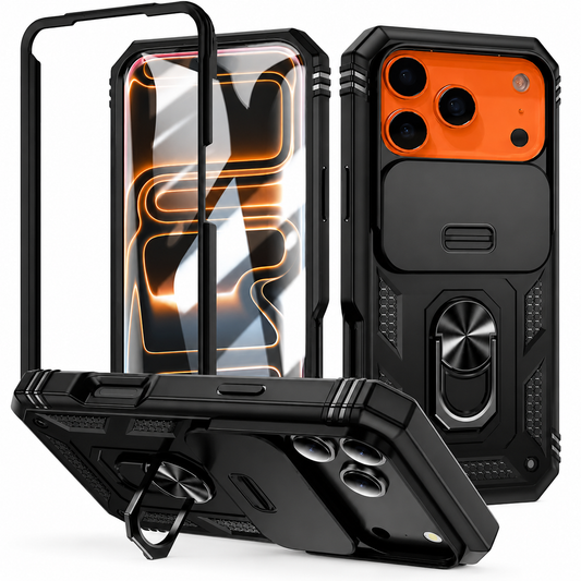 Black rugged phone case shown in separate frame, front, rear and horizontal stand views, with reinforced corners, a sliding camera cover and folding oval ring.