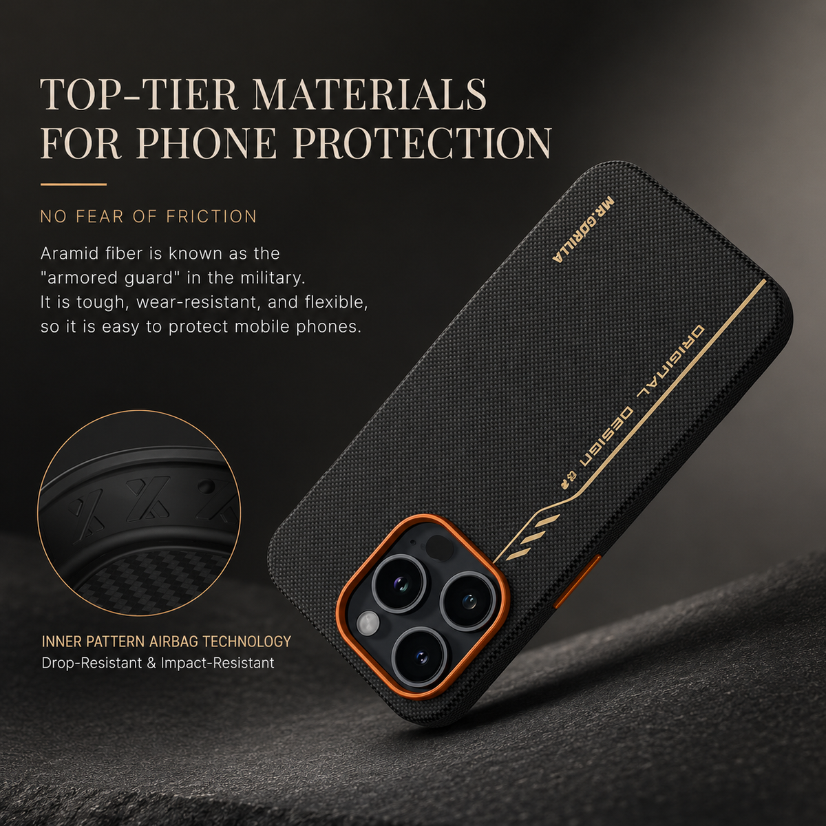 A black woven case leans diagonally against dark rock. An inset enlarges patterned cushioning inside the rim. Text reads Top-Tier Materials for Phone Protection.