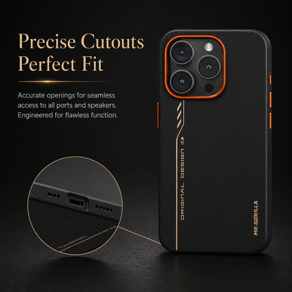 A black woven case stands against dark gray with an inset enlarging its charging and speaker openings. Orange buttons and a camera rim contrast with the back. Text reads Precise Cutouts. Perfect Fit.