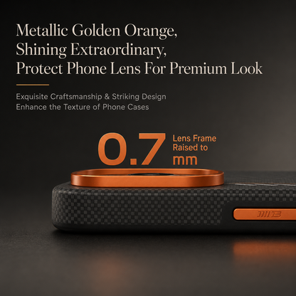 Extreme side close-up shows an orange metal-looking camera rim raised above the black woven back. Printed text states a 0.7 mm raised lens frame and describes the orange finish.