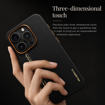 A hand holds a black woven case diagonally, with fingers touching the textured back below its orange camera rim. Text reads Three-Dimensional Touch.