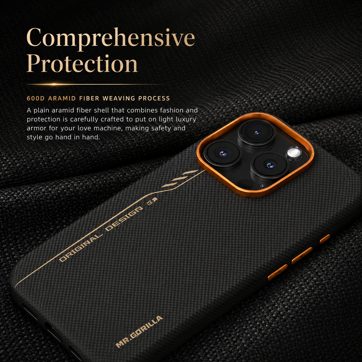 A black woven case lies on dark textured fabric. Its orange camera border, matching buttons and gold lettering remain visible. Text reads Comprehensive Protection and 600D Aramid Fiber Weaving Process.