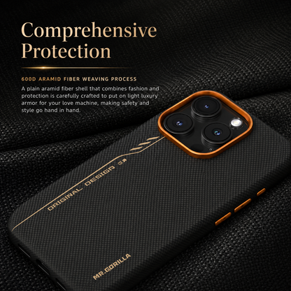 A black woven case lies on dark textured fabric. Its orange camera border, matching buttons and gold lettering remain visible. Text reads Comprehensive Protection and 600D Aramid Fiber Weaving Process.