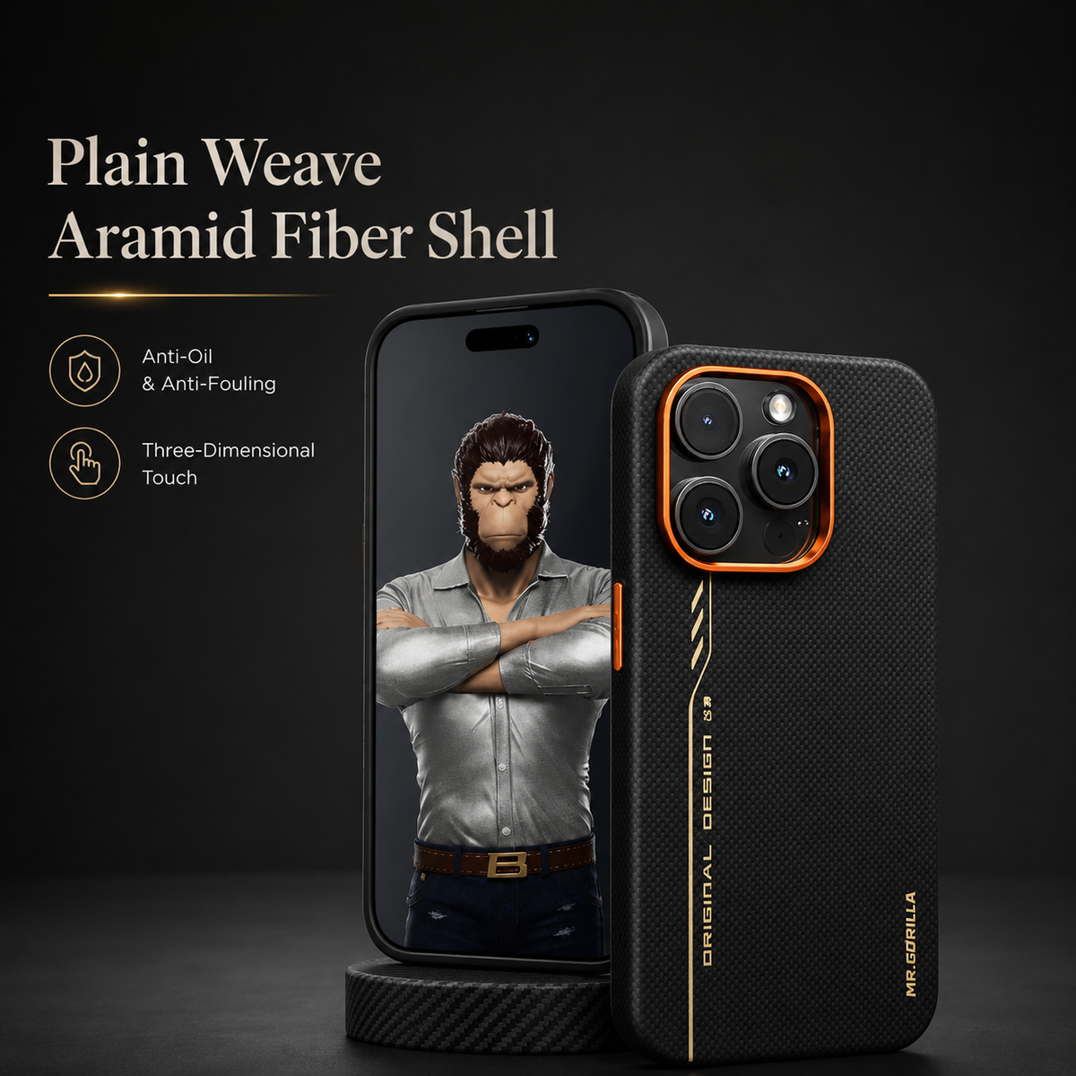 Front and rear views of the black and orange case stand on a dark pedestal. The screen shows an illustrated man with crossed arms. Text reads Plain Weave Aramid Fiber Shell.