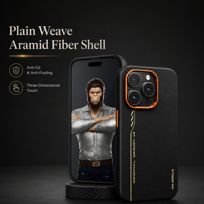 Front and rear views of the black and orange case stand on a dark pedestal. The screen shows an illustrated man with crossed arms. Text reads Plain Weave Aramid Fiber Shell.