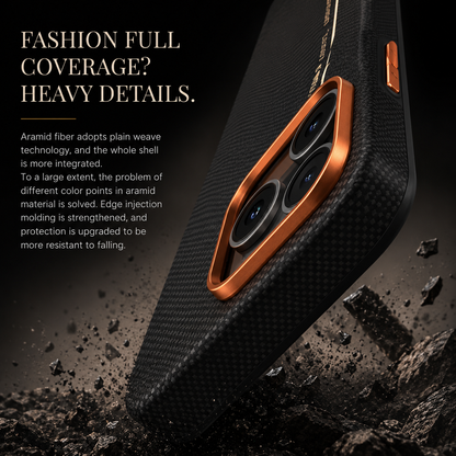 A black and orange case is illustrated striking loose stones on its lower corner. The camera rim is enlarged above flying fragments. Text reads Fashion Full Coverage? Heavy Details.