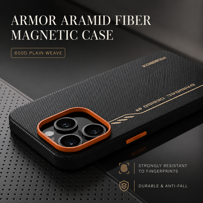 A black woven case lies diagonally on a dark perforated display surface. Orange camera trim and gold lettering accent the back. Text reads Armor Aramid Fiber Magnetic Case.