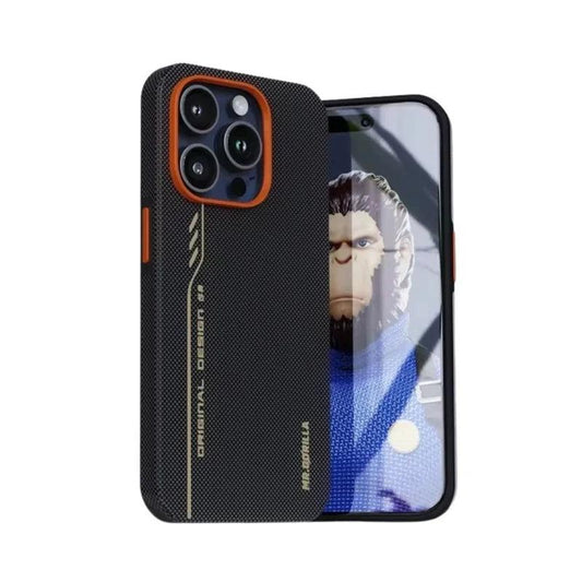 Front and rear views of a black fine-weave case stand on white. A bright orange rim surrounds the camera panel, and orange side buttons accent the dark frame. Gold decorative lines and small lettering run down the back. The screen shows an illustrated male character.