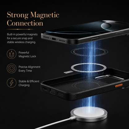 An exploded diagram separates a phone, circular magnetic rings, black case and round charging puck. Blue illustrated lines indicate magnetic alignment; text advertises a secure connection and wireless charging.